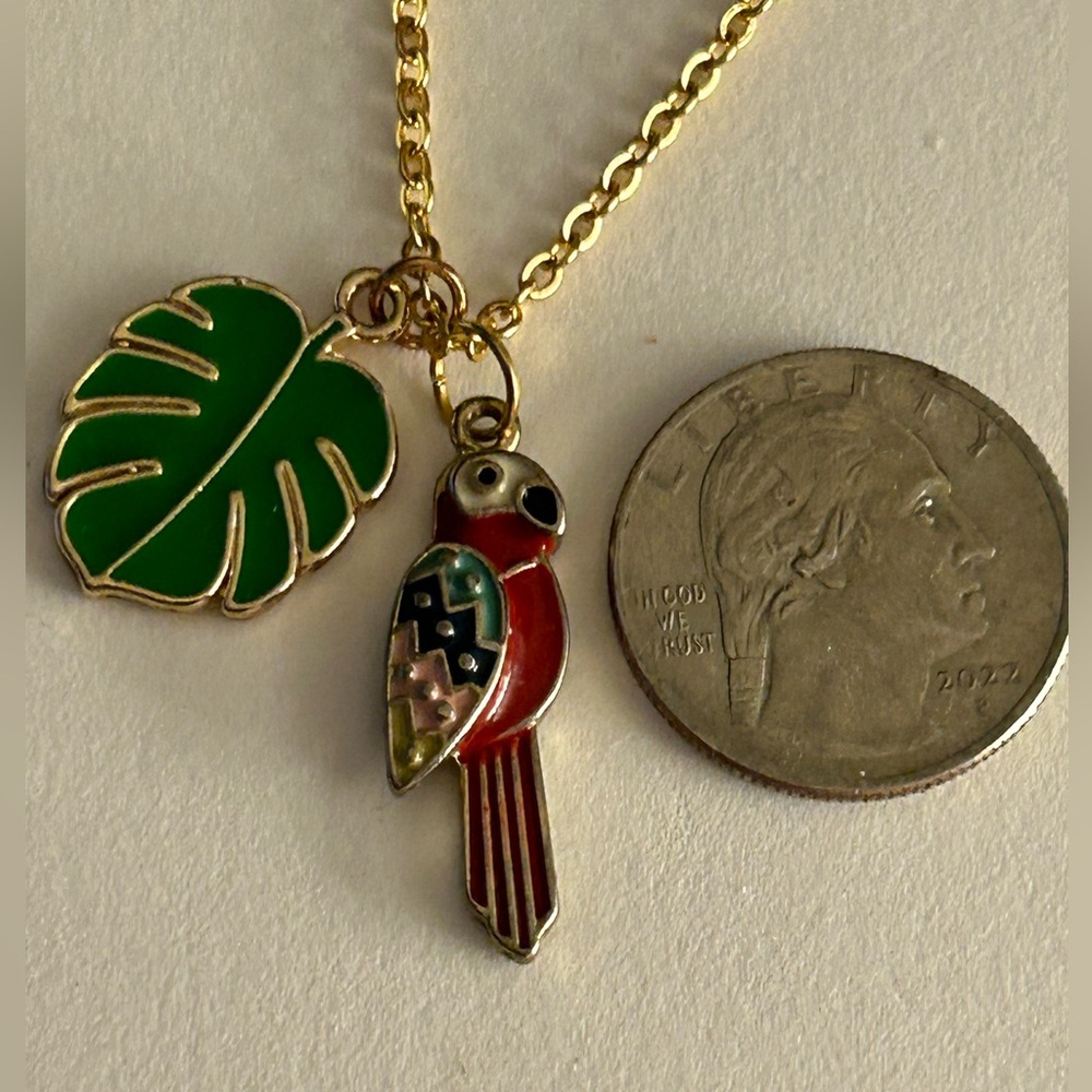 NWOT Necklace Tropical Enamel Parrot, Monstera leaf charms hypoallergenic chain